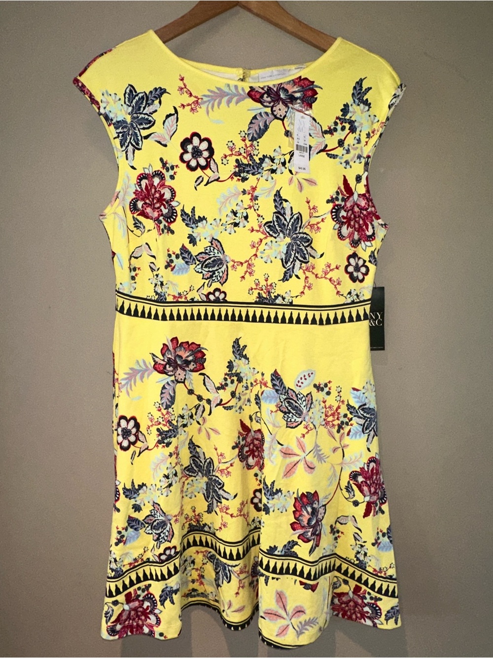 New York & Company Fit and Flare Yellow Floral Dress L NWT